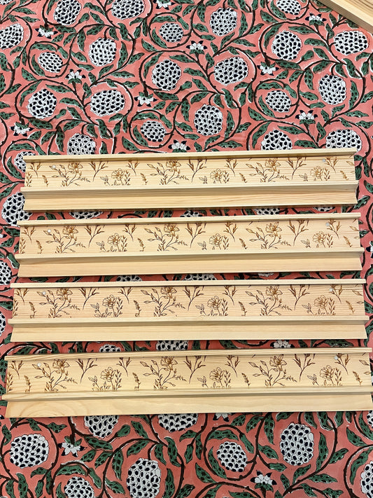 PRE-ORDER Engraved Natural Pine Wooden Rack & Pushers – 20 Inch Set of 4 Dainty Floral